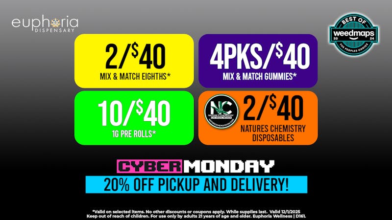 Euphoria Wellness - Marijuana Dispensary Cyber Monday - 20% Off On-Line Orders