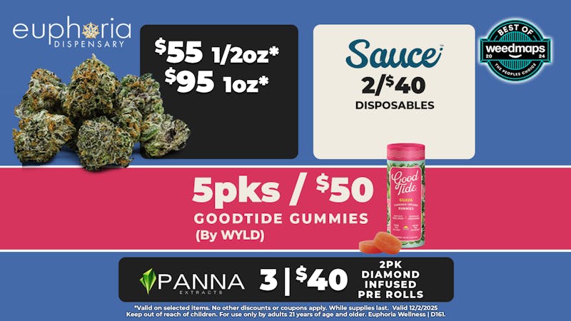 Euphoria Wellness - Marijuana Dispensary $55 1/2oz - $95 1oz | 3/$75 Rove .85g Reloads