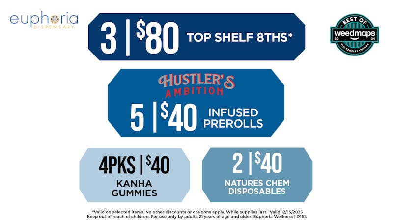 Euphoria Wellness - Marijuana Dispensary 3/$80 Top Shelf 8ths | 2/$40 Natures Chem Dispos