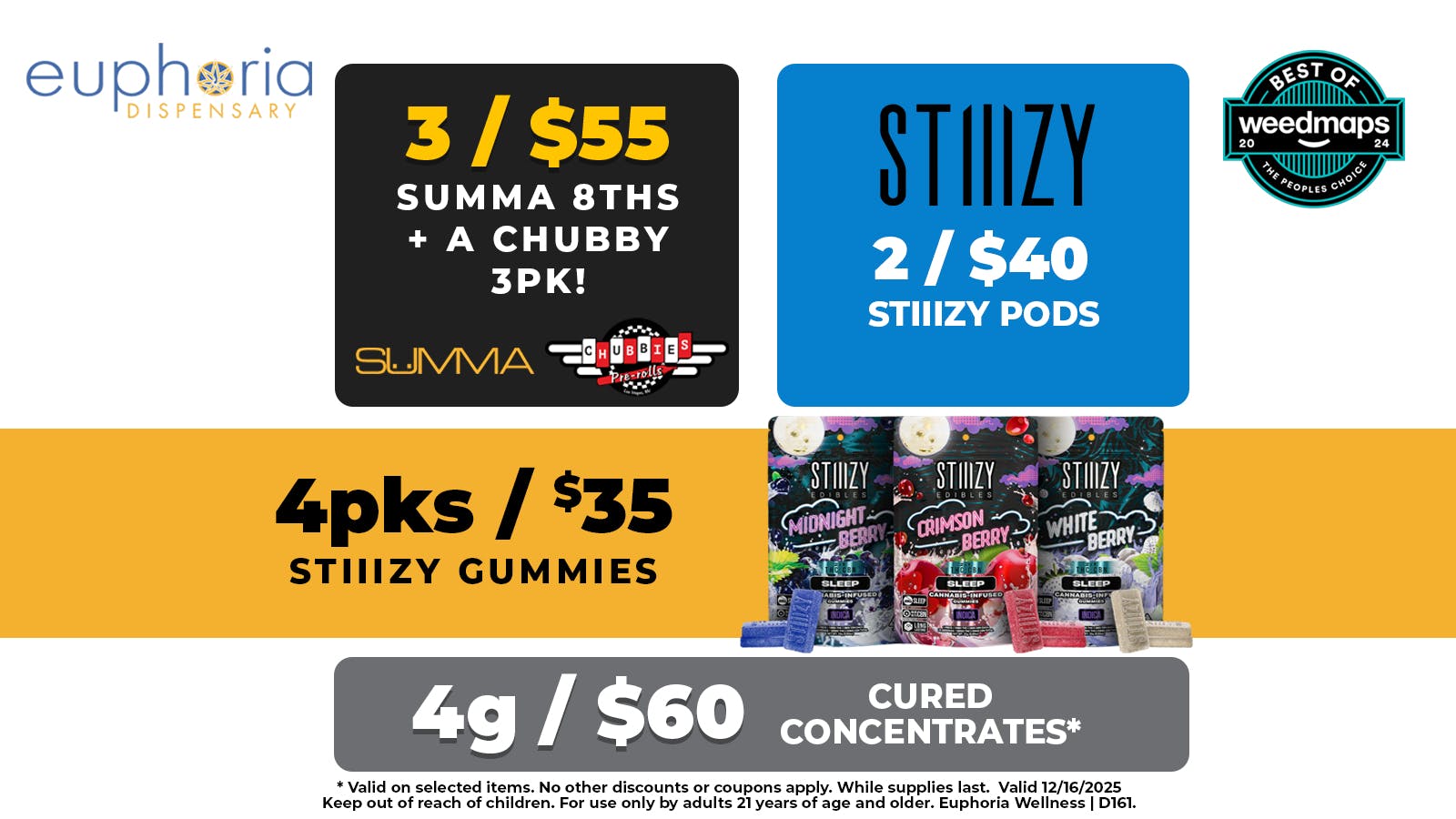 Euphoria Wellness Delivery - Henderson / Green Valley 3/$55 Summa 8ths + Free Chubby 3pk Pre-Roll