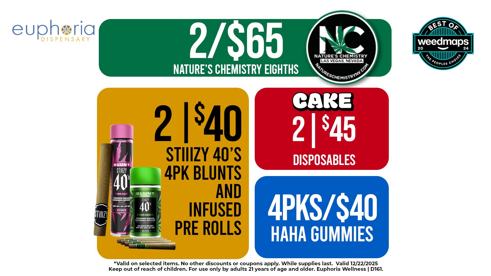 Euphoria Wellness - Marijuana Dispensary 2/$65 Natures Chem 8ths | 2/$40 Stiiizy 40s 4pk