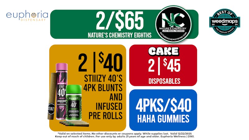 Euphoria Wellness - Marijuana Dispensary 2/$65 Natures Chem 8ths | 2/$40 Stiiizy 40s 4pk