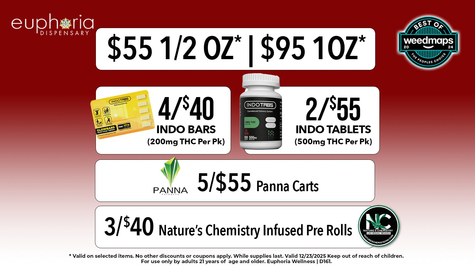 Euphoria Wellness - Marijuana Dispensary $55 1/2oz - $95 1oz | 5/$55 Panna .5g Cartridges