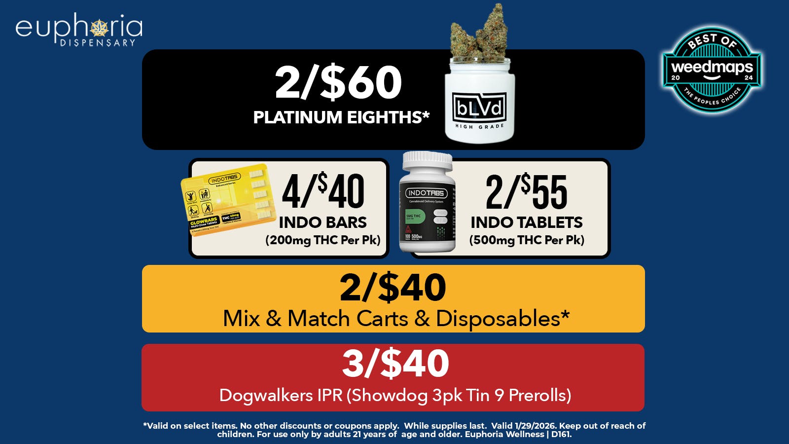 Euphoria Wellness - Marijuana Dispensary 2/$60 Plat 8ths | 2/$40 Mix & Match Carts & Dispos