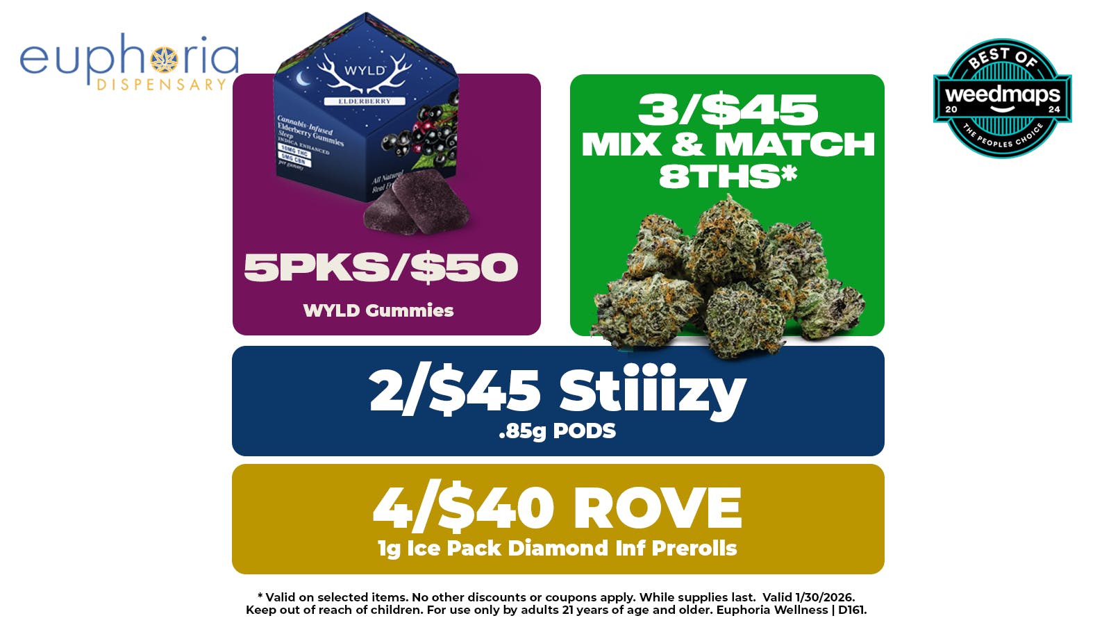 Euphoria Wellness - Marijuana Dispensary 5pks/$50 Wyld Gummies | 3/$45 Mix & Match 8ths