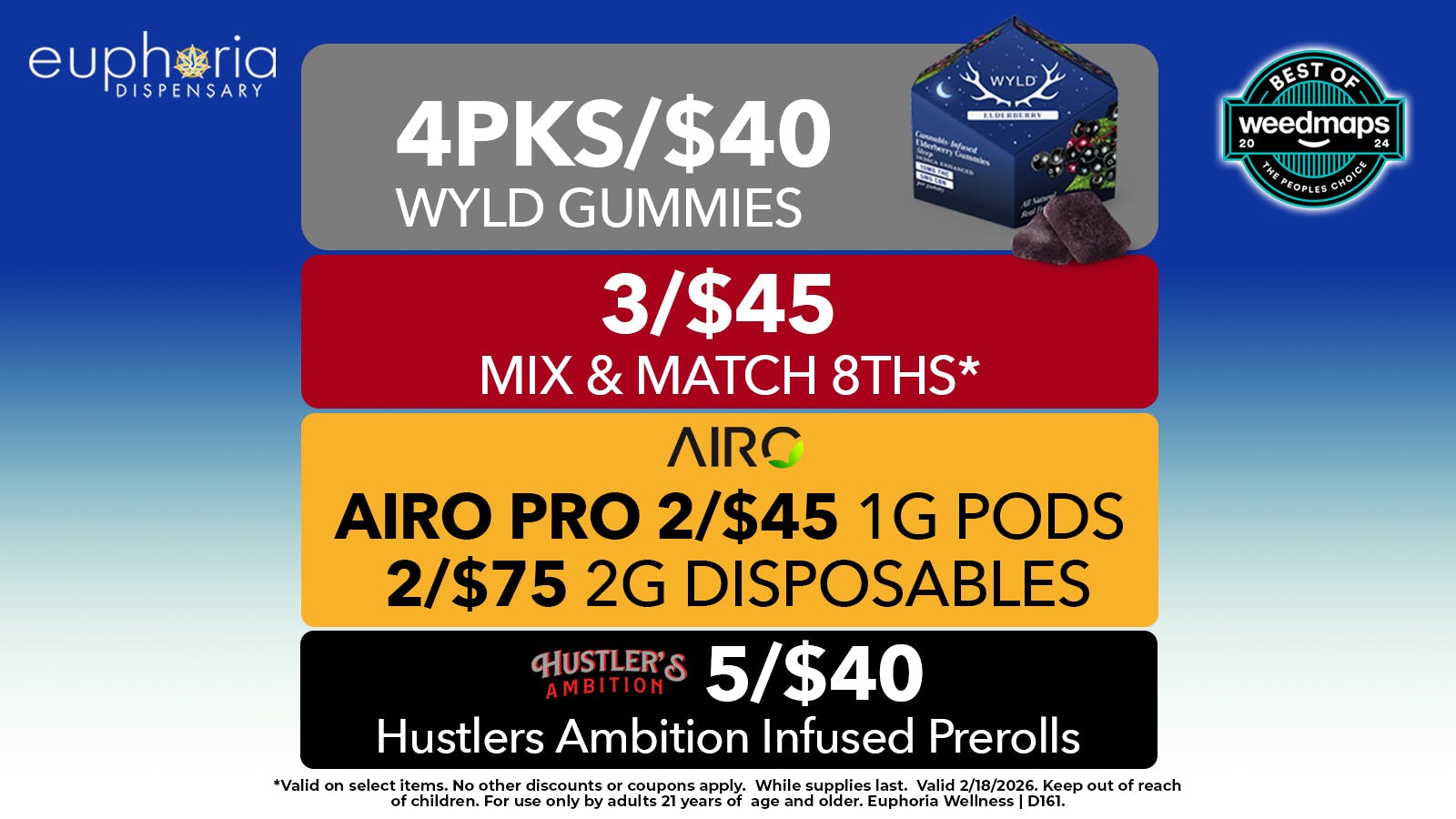 Euphoria Wellness Delivery - West LV 3/$45 Mix & Match 8ths | 4pks/$40 Wyld Gummies