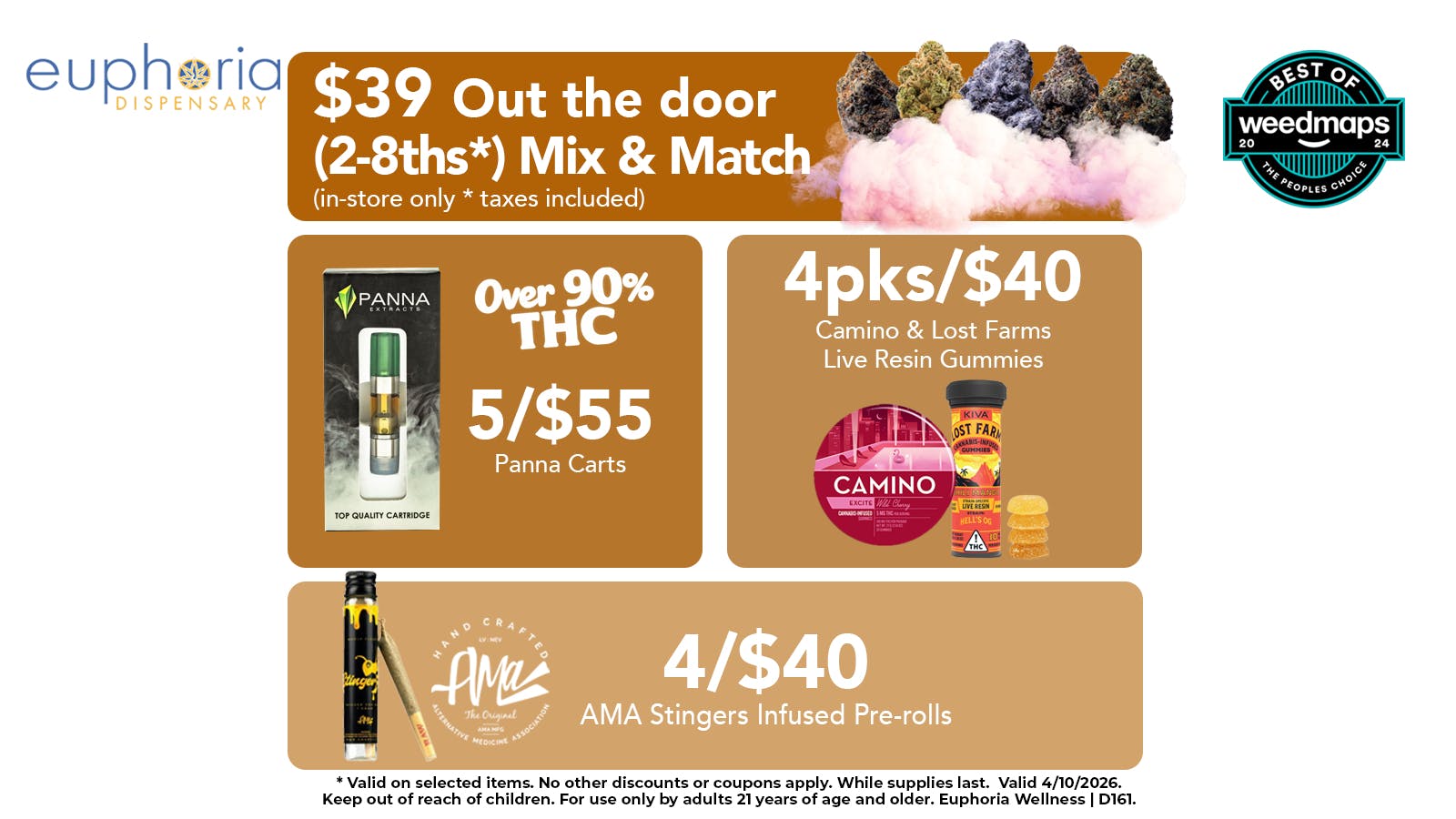 Euphoria Wellness - Marijuana Dispensary 2 8ths/$39 OUT THE DOOR | 5/$55 Panna Cartridges