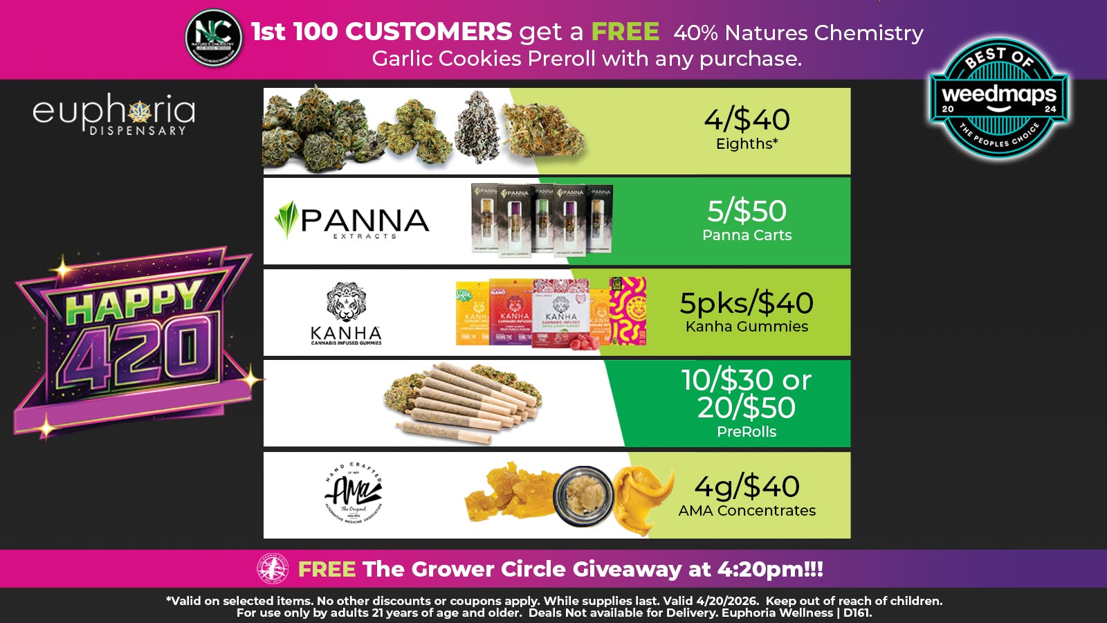 Euphoria Wellness - Marijuana Dispensary Happy 420! 4/$40 Mix & Match 8ths | More Deals!