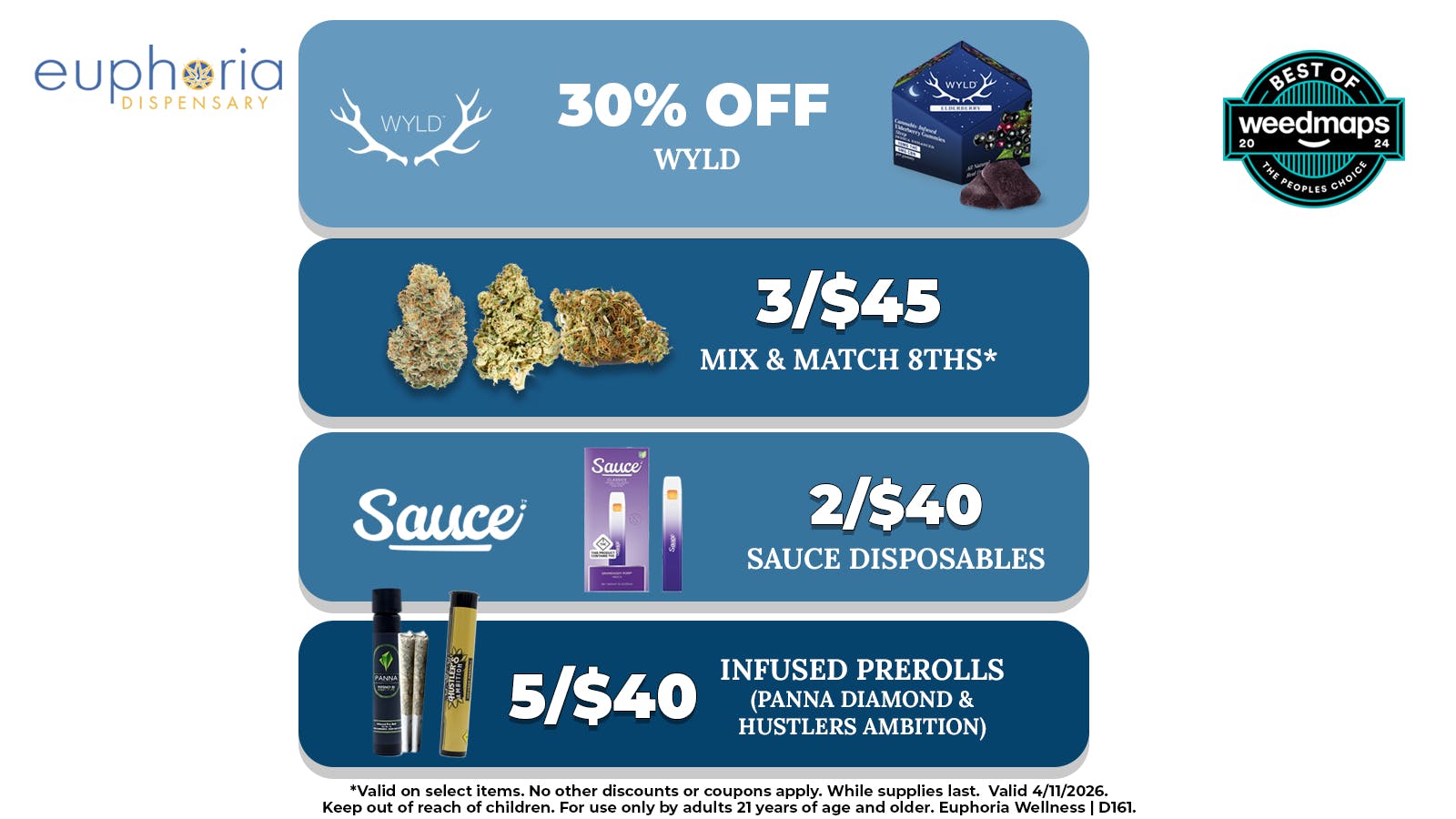 Euphoria Wellness - Marijuana Dispensary 3/$45 Mix & Match 8ths | 2/$40 Sauce Disposables