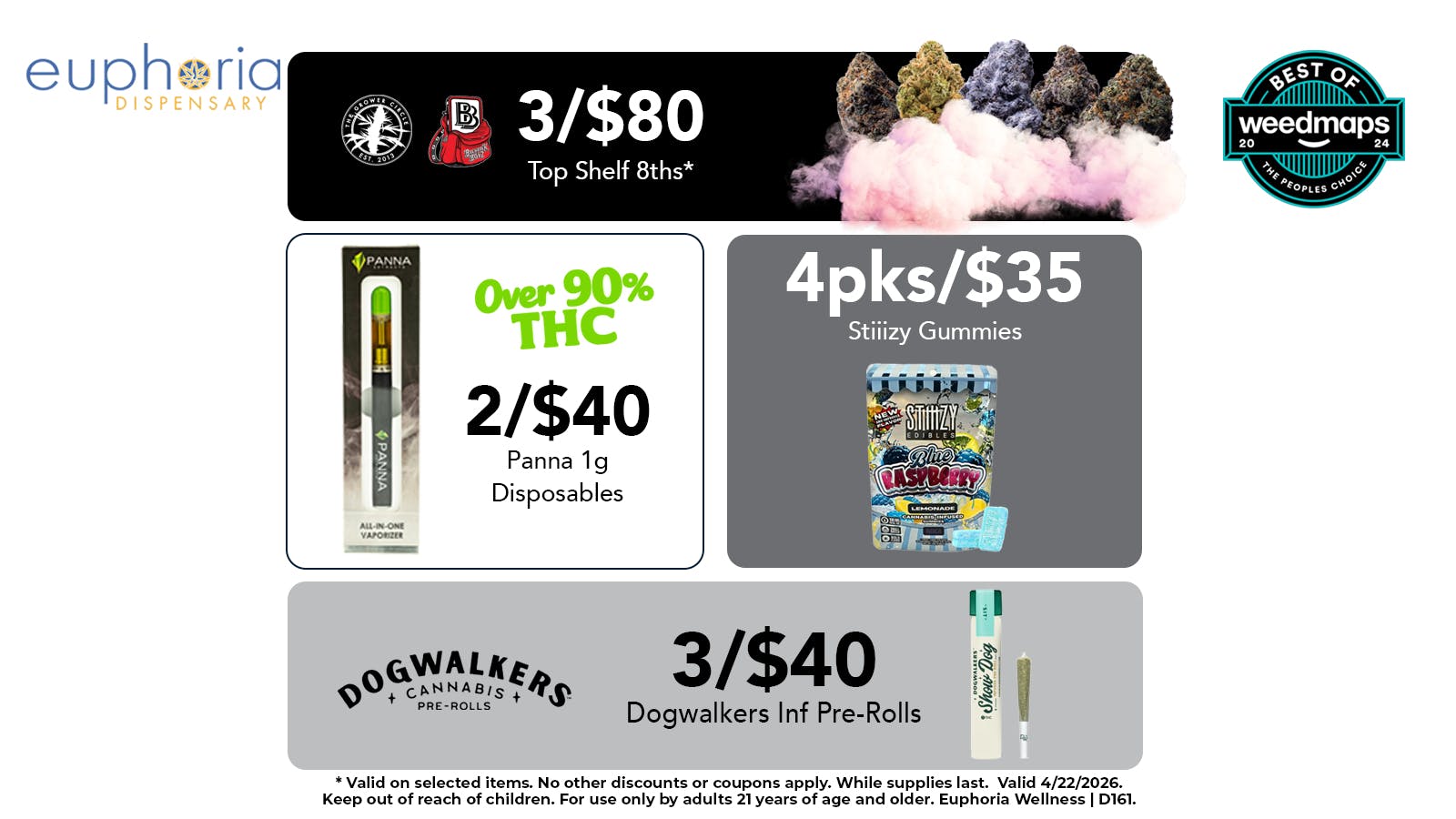 Euphoria Wellness - Marijuana Dispensary 3/$80 Top Shelf 8ths | 2/$40 Panna Disposables