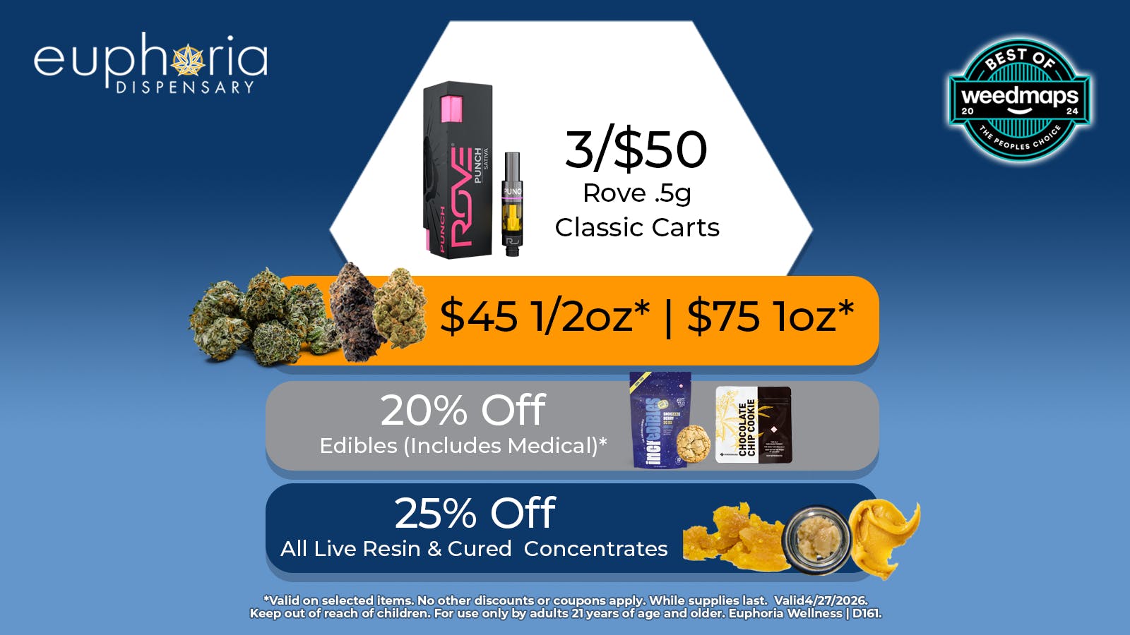 Euphoria Wellness - Marijuana Dispensary $45 1/2oz - $75 1oz | 3/$50 Rove .5g Classic Carts