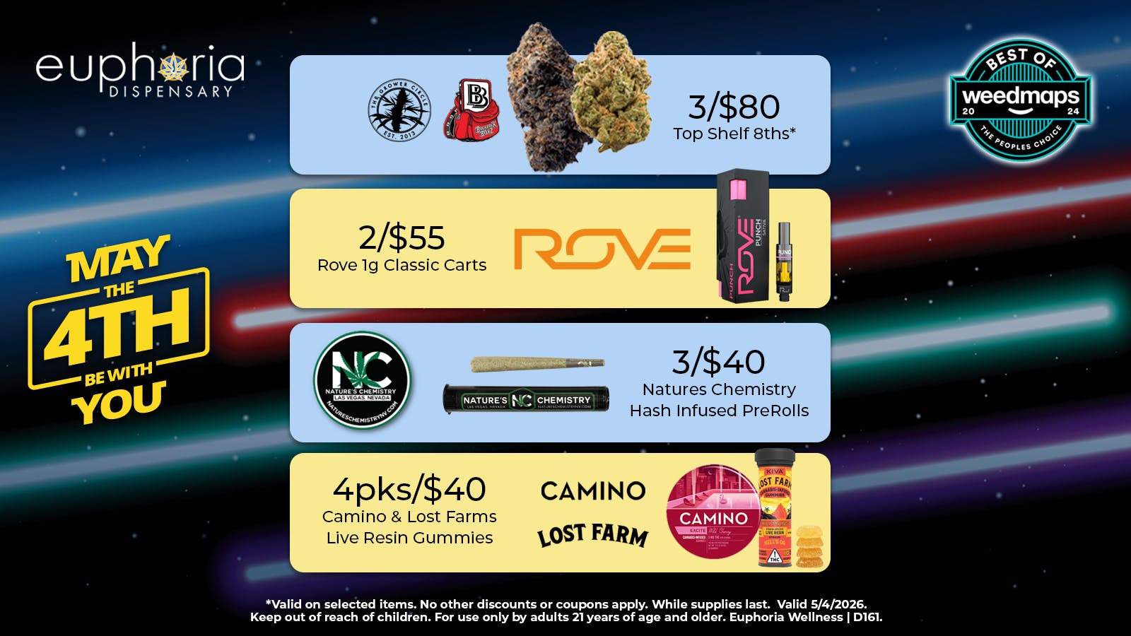 Euphoria Wellness - Marijuana Dispensary 3/$80 Top Shelf 8ths | 2/$55 Rove 1g Classic Carts