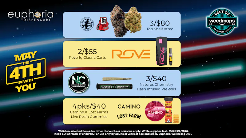 Euphoria Wellness - Marijuana Dispensary 3/$80 Top Shelf 8ths | 2/$55 Rove 1g Classic Carts