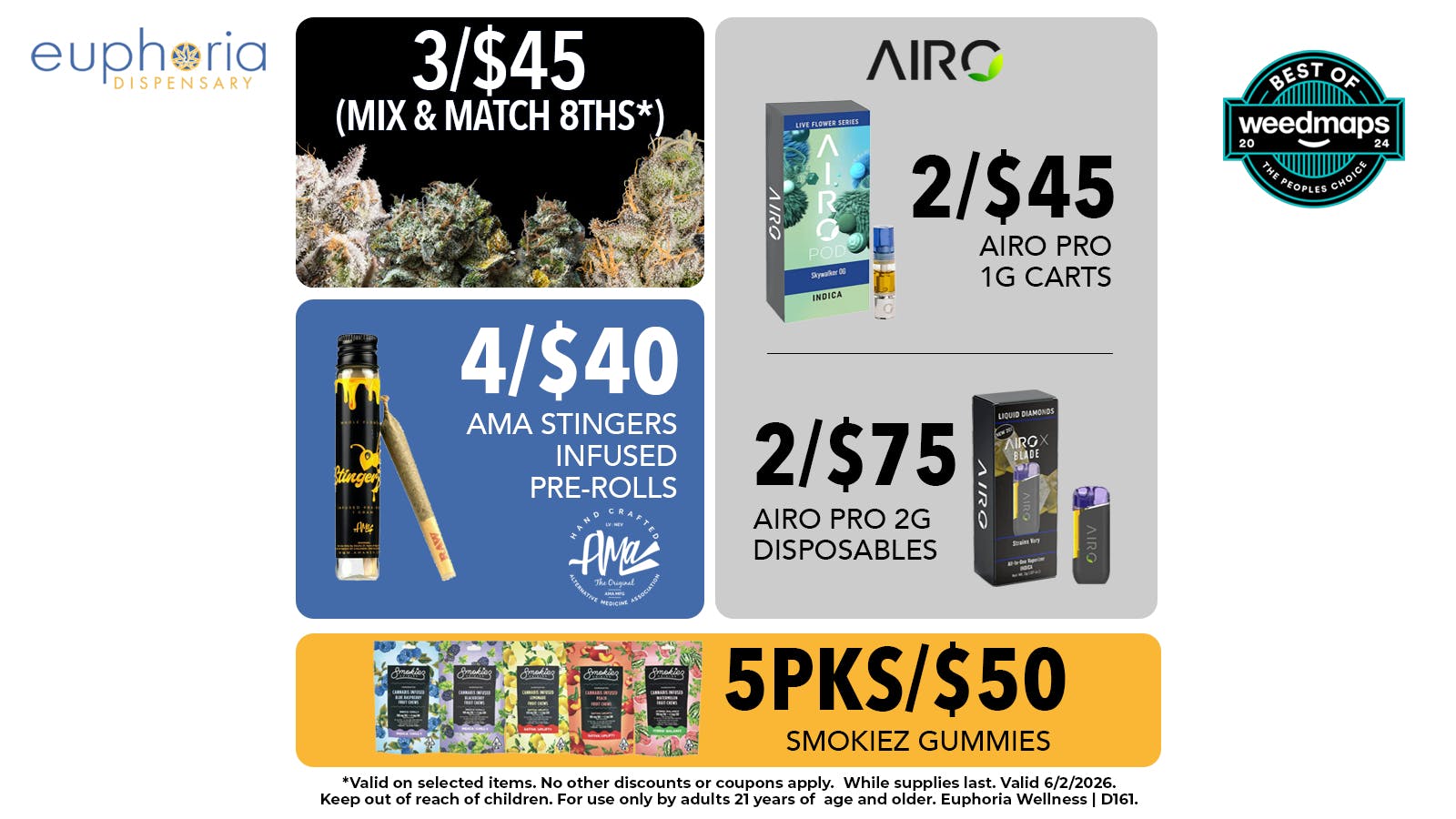 Euphoria Wellness - Marijuana Dispensary 3/$45 Mix & Match 8ths | 4/$40 AMA 1g Infused PRs