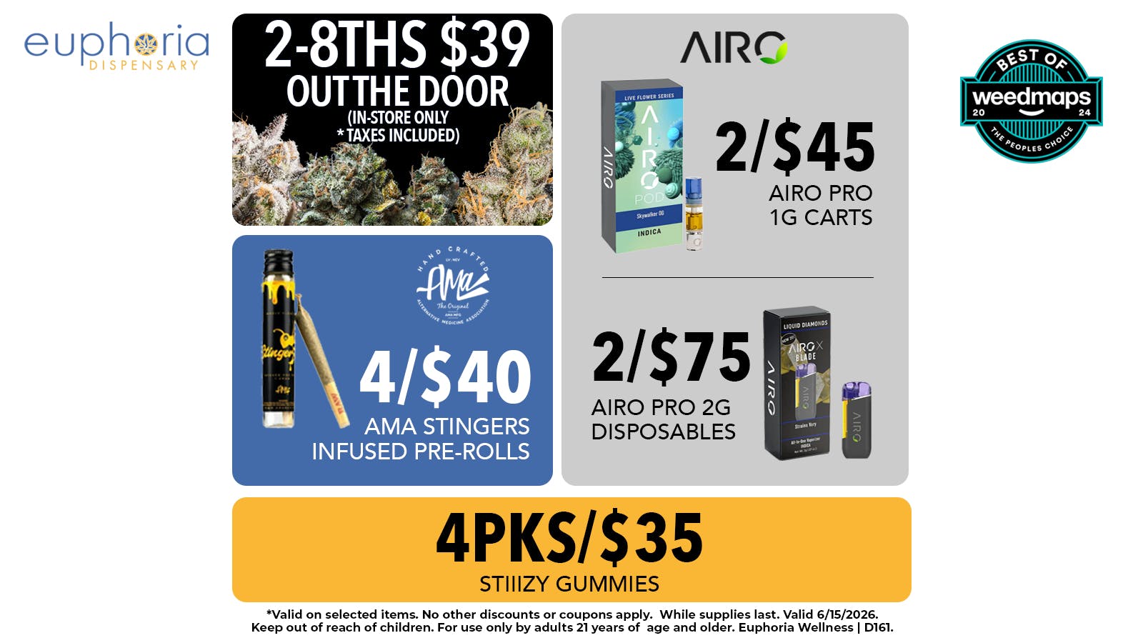 Euphoria Wellness - Marijuana Dispensary 2 8ths $39 Out the Door | 2/$75 Airo 2g Disposable