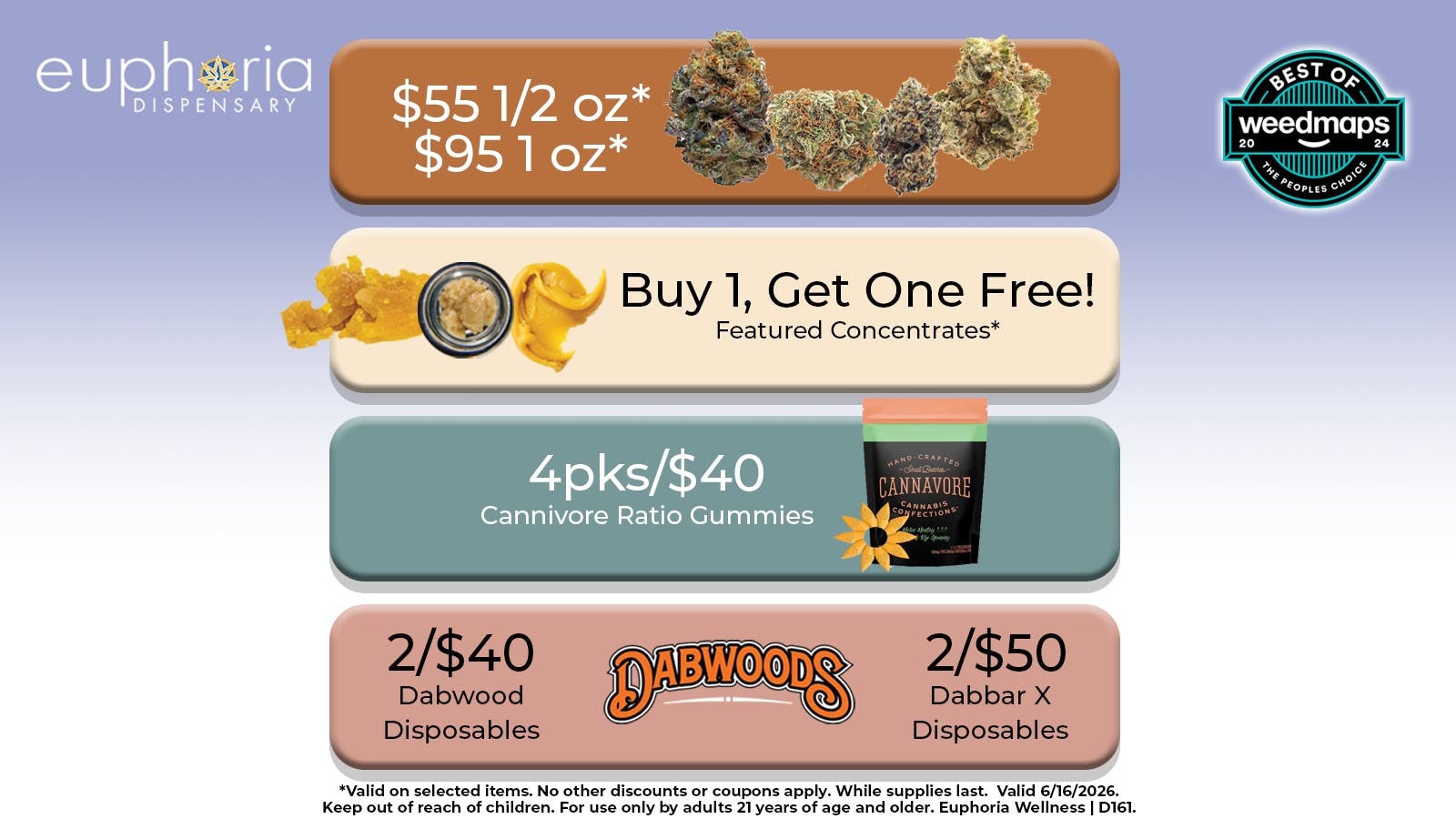 Euphoria Wellness - Marijuana Dispensary $55 1/2oz - $95 1oz | B1G1 Selected Concentrates