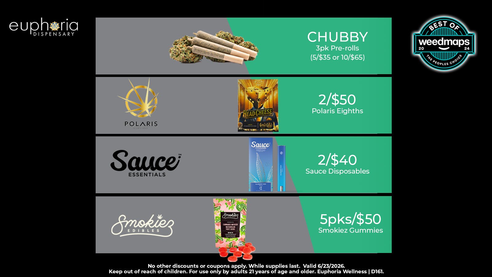 Euphoria Wellness - Marijuana Dispensary 2/$50 Polaris 8ths | 2/$40 Sauce Disposables