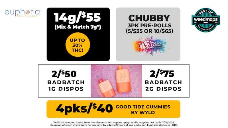 Euphoria Wellness - Marijuana Dispensary 14g/$55 Mix & Match 7g | 4pks/$40 Good Tide Gummy