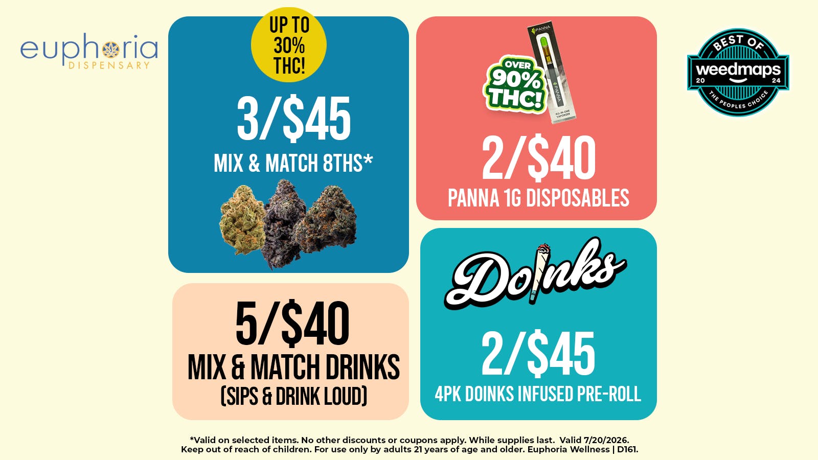 Euphoria Wellness - Marijuana Dispensary 3/$45 Mix & Match 8ths | 2/$40 Panna Disposables