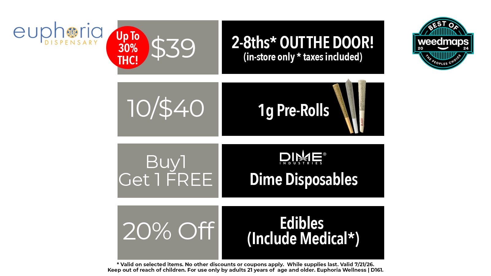 Euphoria Wellness - Marijuana Dispensary 2 8ths for $39 Out the Door | B1G1 Dime Dispos