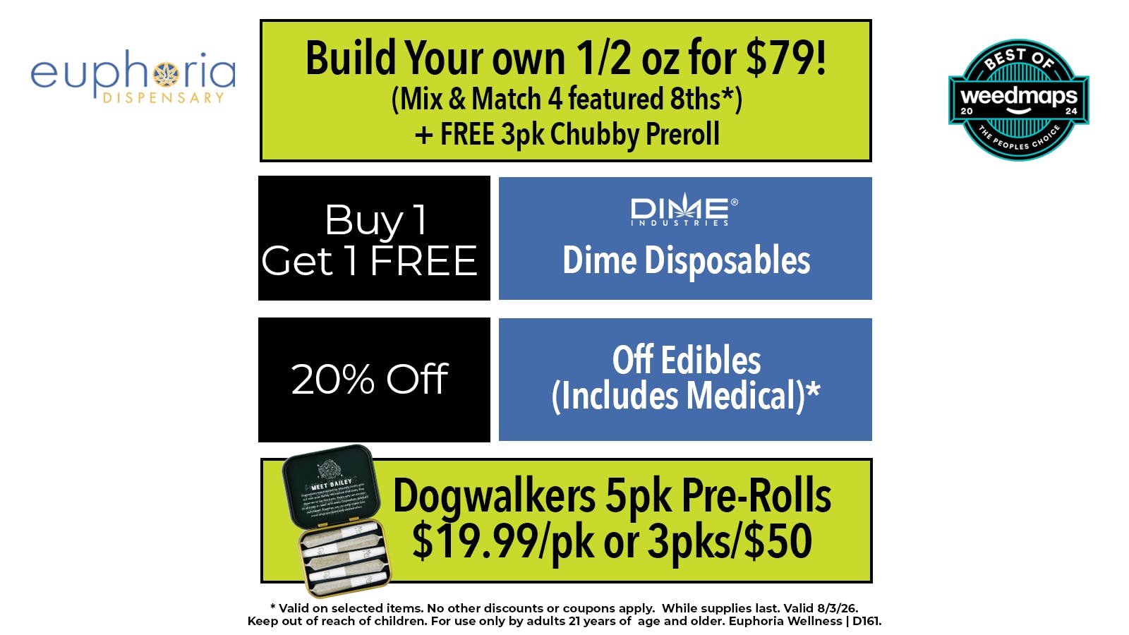 Euphoria Wellness Delivery - Henderson / Green Valley 4/$79 Mix & Match 8ths | B1G1 Dime Disposables