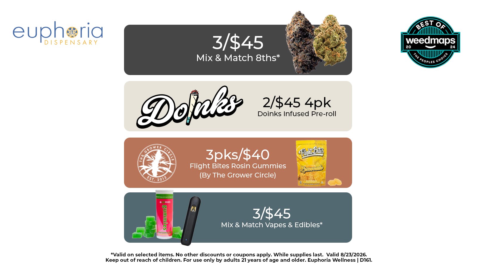 Euphoria Wellness - Marijuana Dispensary 3/$45 Mix & Match 8ths | 2/$45 Doinks Inf PR 4pk