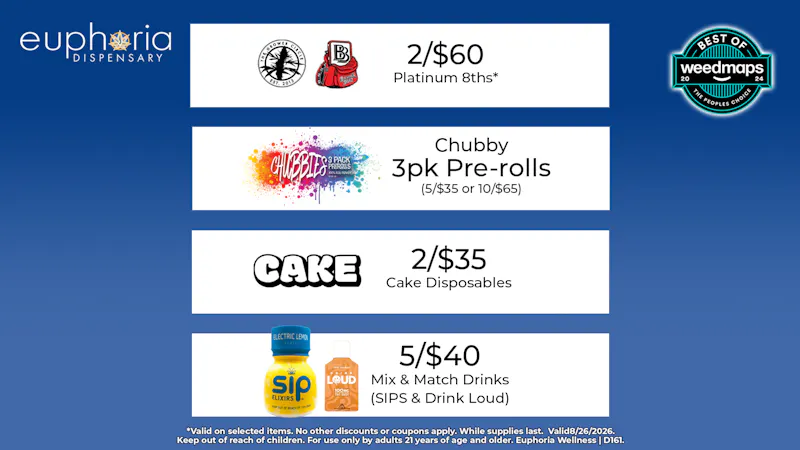 Euphoria Wellness Delivery - Henderson / Green Valley 2/$60 Platinum 8ths | 2/$35 Cake Disposables
