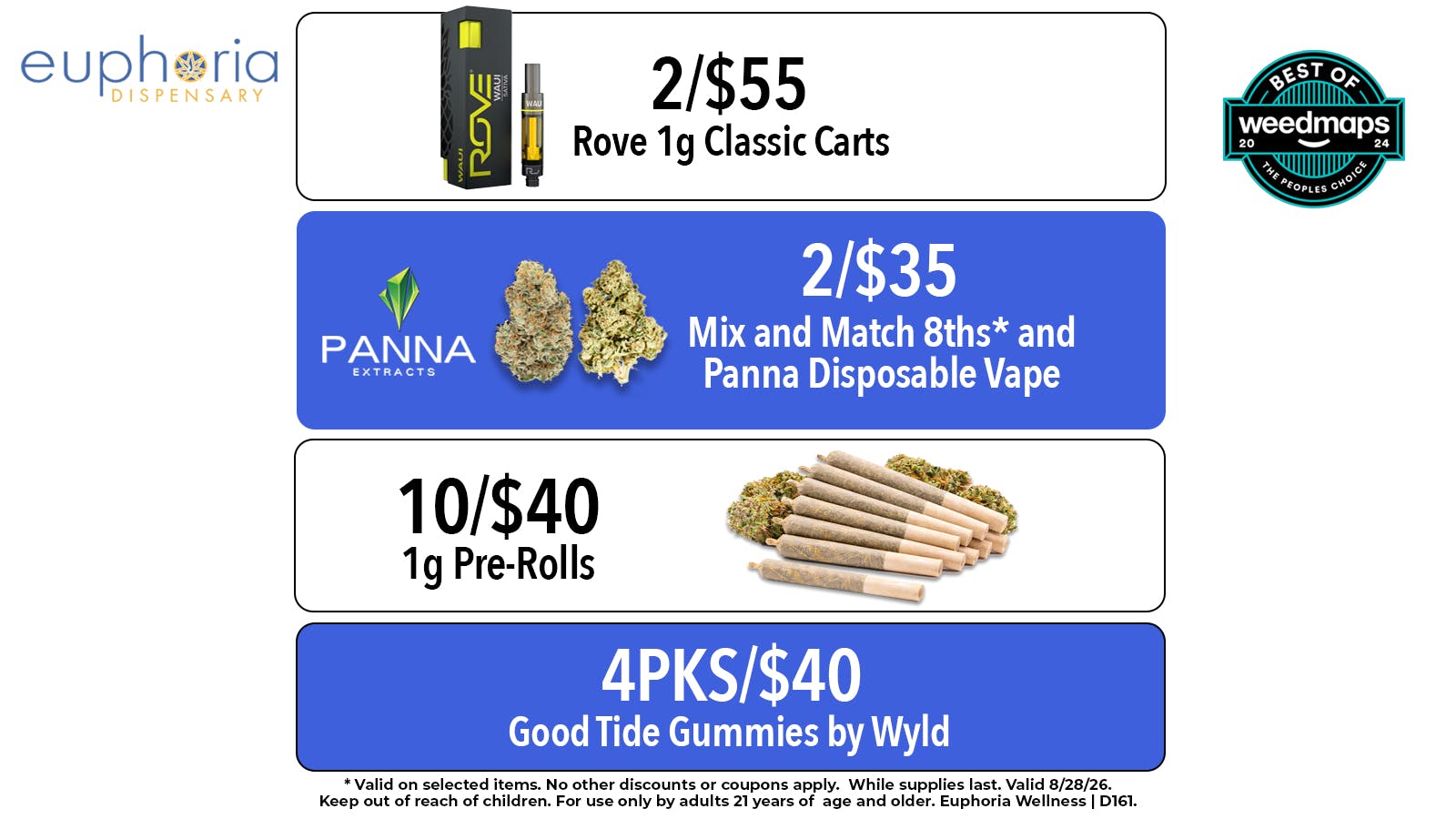 Euphoria Wellness - Marijuana Dispensary 2/$55 Rove 1g Classic Carts | 10/$40 1g Pre-Rolls