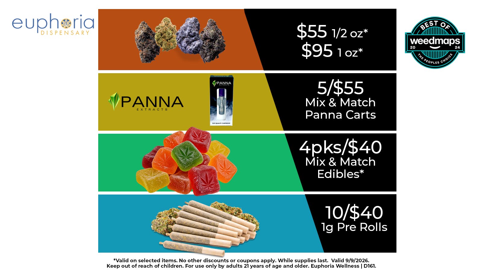 Euphoria Wellness - Marijuana Dispensary $55 1/2oz - $95 1oz | 5/$55 Panna Cartridges
