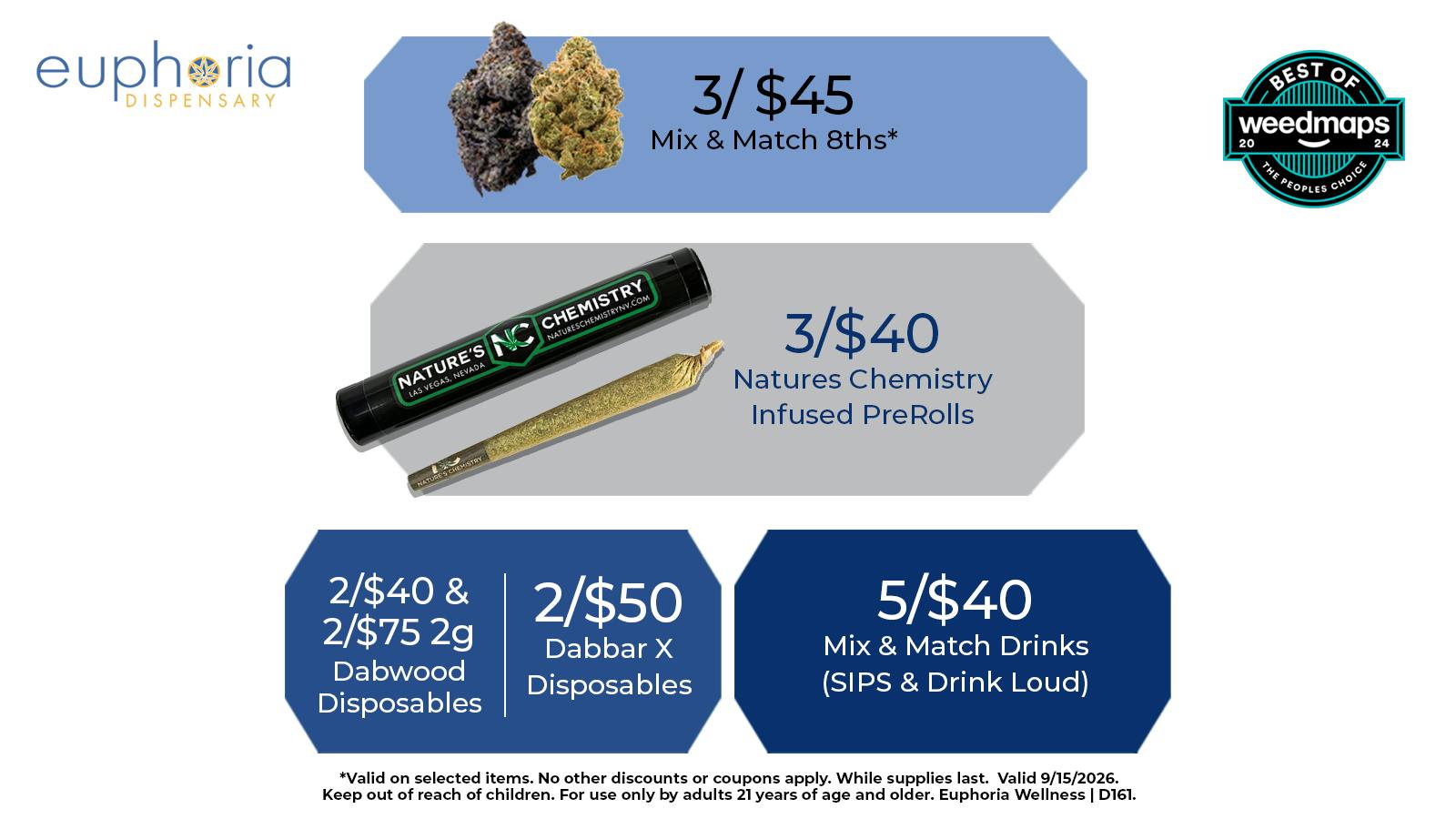 Euphoria Wellness - Marijuana Dispensary 3/$45 Mix & Match 8ths Up to 28% THC