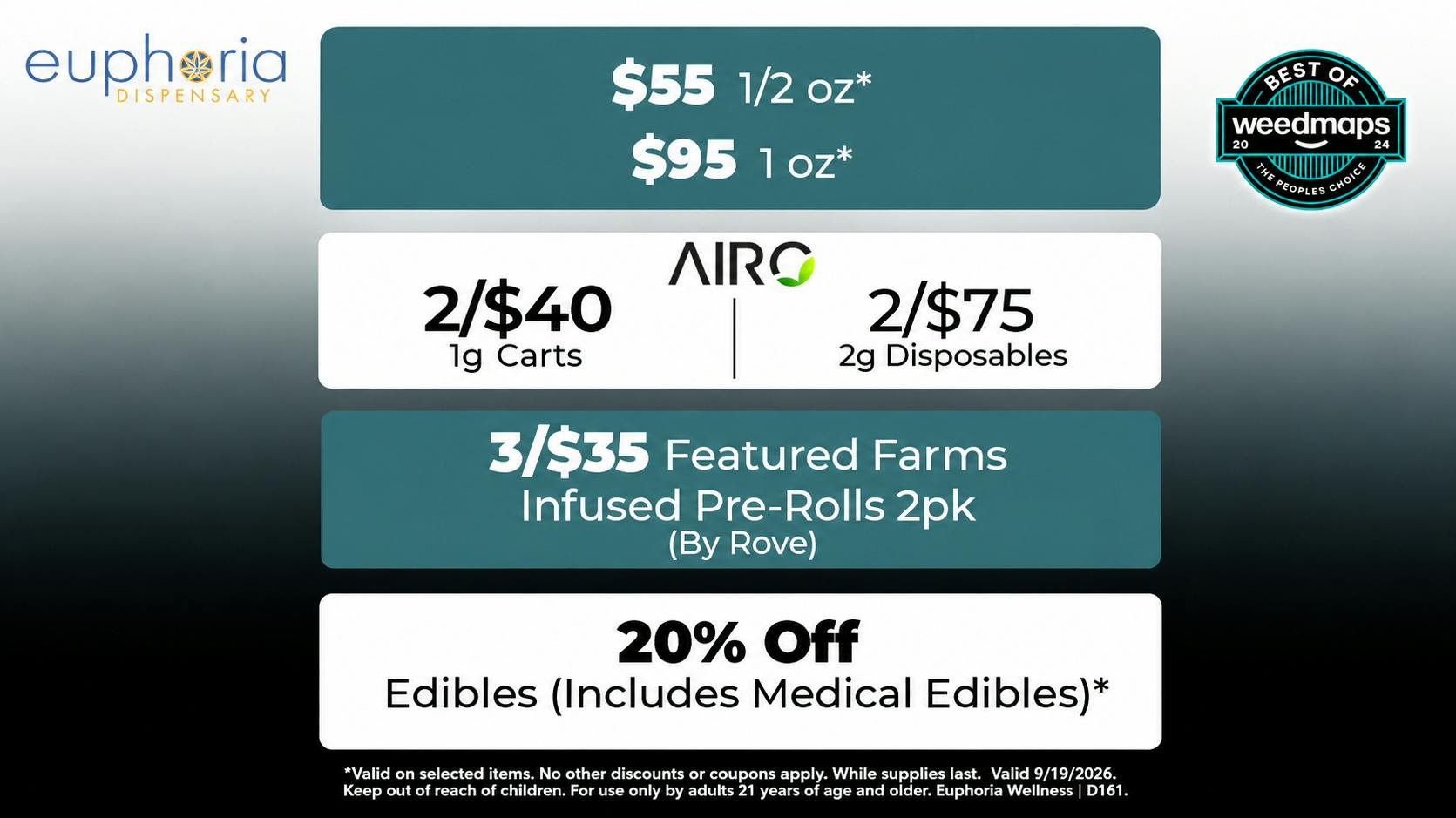 Euphoria Wellness - Marijuana Dispensary Airo 2/$40 1g Cartridges & 2/$75 2g Disposables