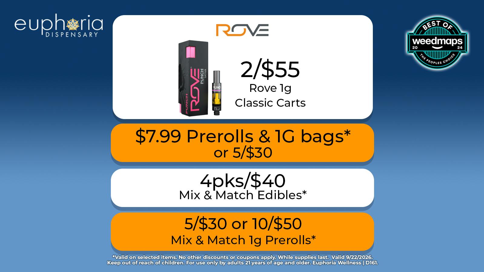 Euphoria Wellness - Marijuana Dispensary 2/$55 Rove 1g Classic Carts
