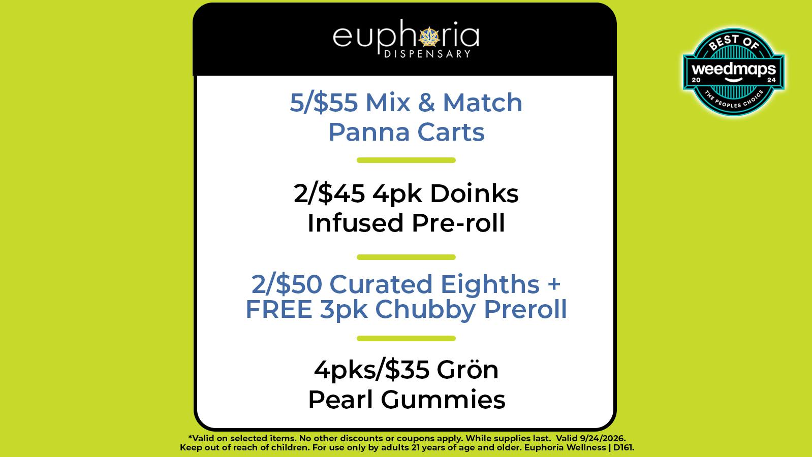 Euphoria Wellness Delivery - Henderson / Green Valley 2/$50 8ths w/ Free Chubby Pre-Roll 3pk