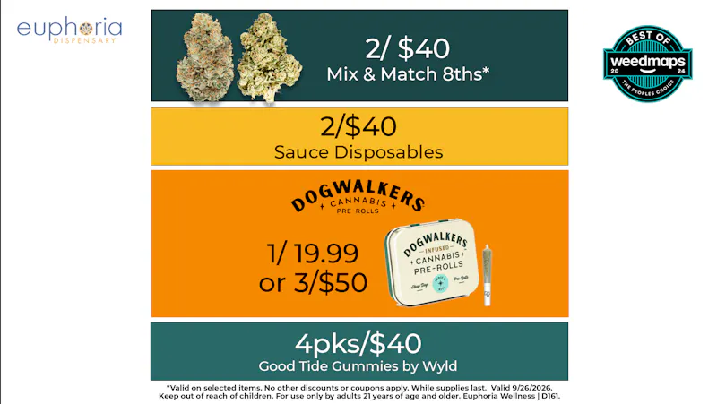 Euphoria Wellness Delivery - West LV 2/$40 Mix & Match 8ths | 2/$40 Sauce Live Res Disp