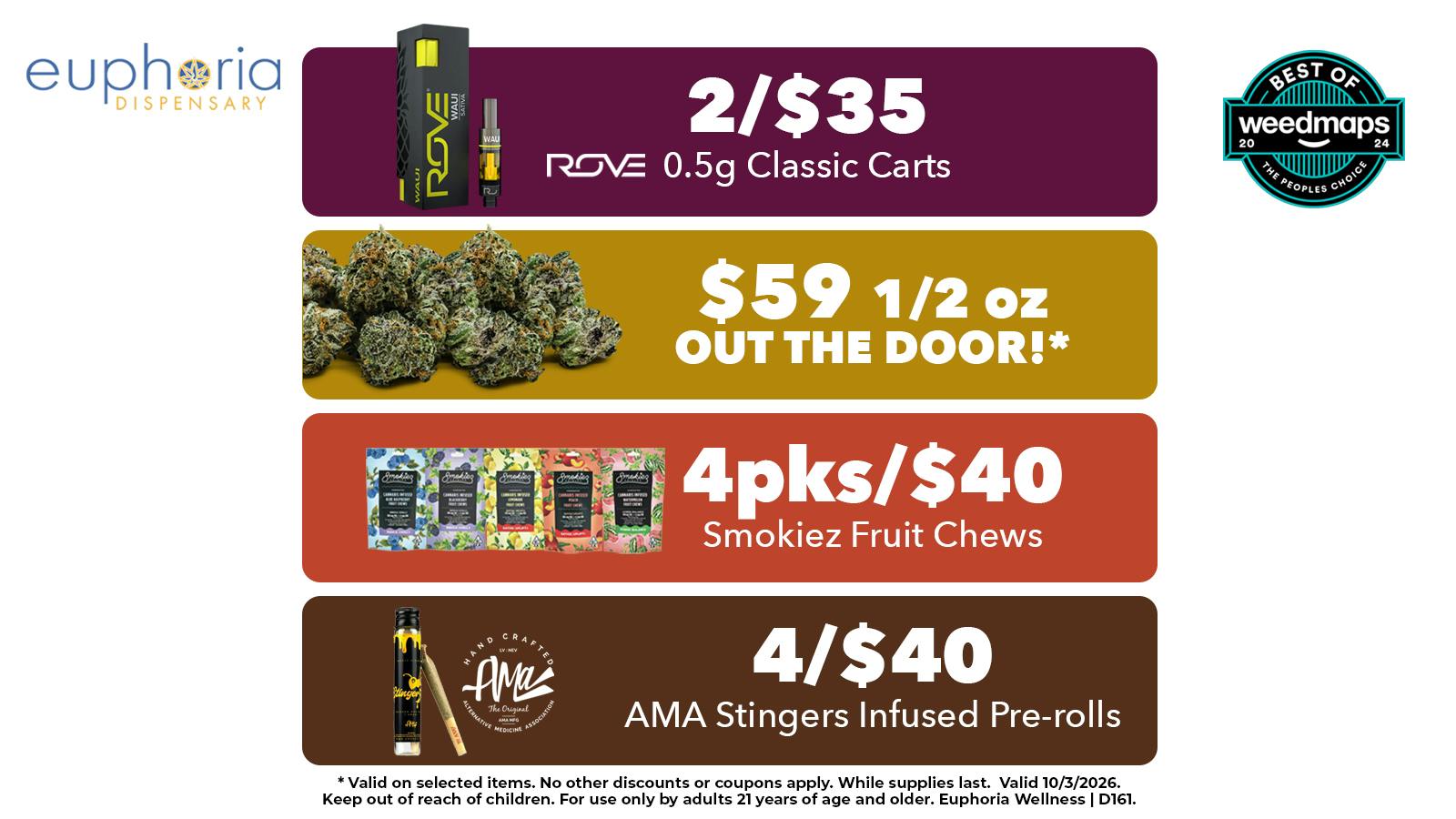 Euphoria Wellness Delivery - Henderson / Green Valley $59 1/2 Out the Door | 2/$35 Rove .5g Classics