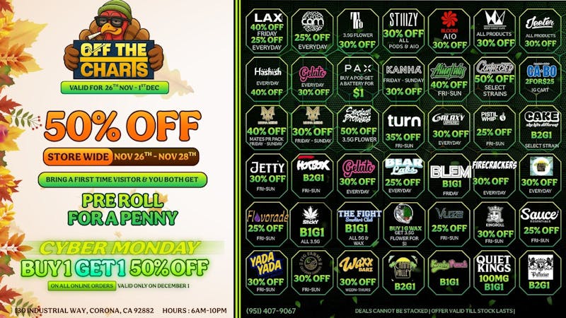 Off the Charts - Corona Danksgiving Is Here 🔥💚🦃 SEE OUR 50% OFF SAVINGS