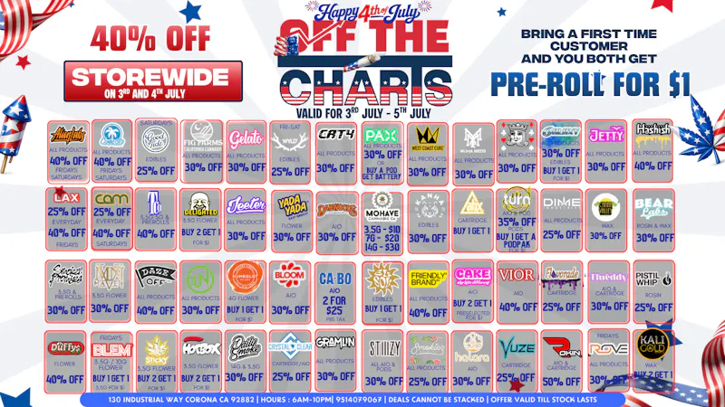 Off the Charts - Corona Fireworks & Fat Clouds 🎇😮‍💨40%OFF JULY 3 & 4 !