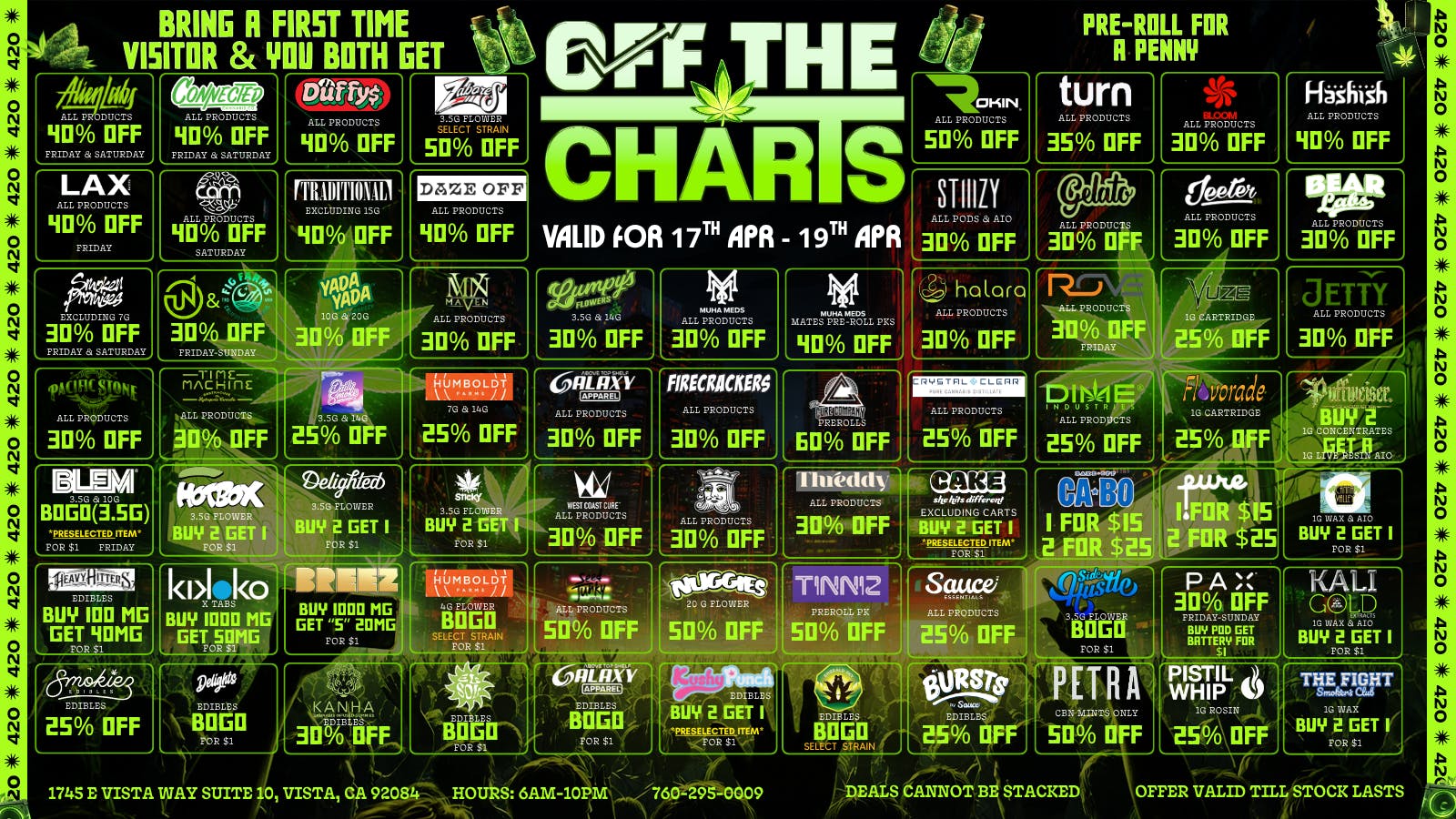 Off the Charts - Vista 4/20 Weekend Blowout - 20% OFF Storewide