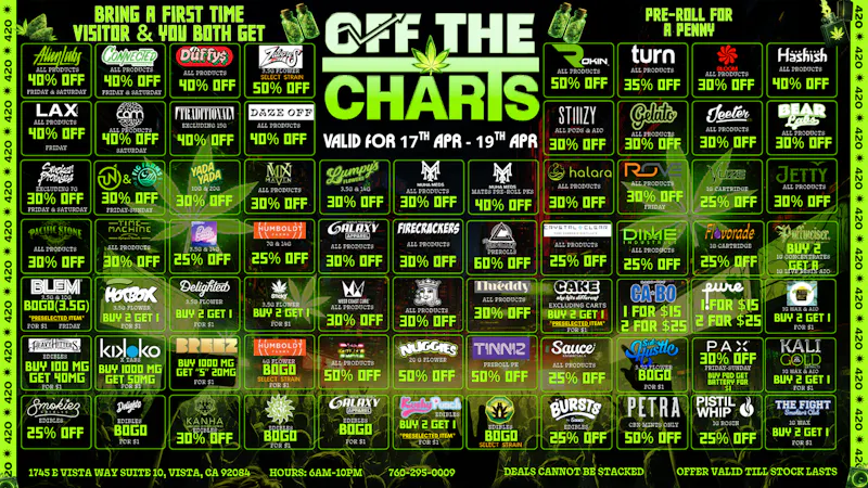Off the Charts - Vista 4/20 Weekend Blowout - 20% OFF Storewide