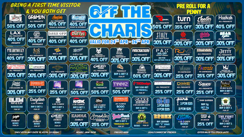 Off the Charts - Vista EXTENDED 420 DEALS - 20% OFF ENTIRE STORE.