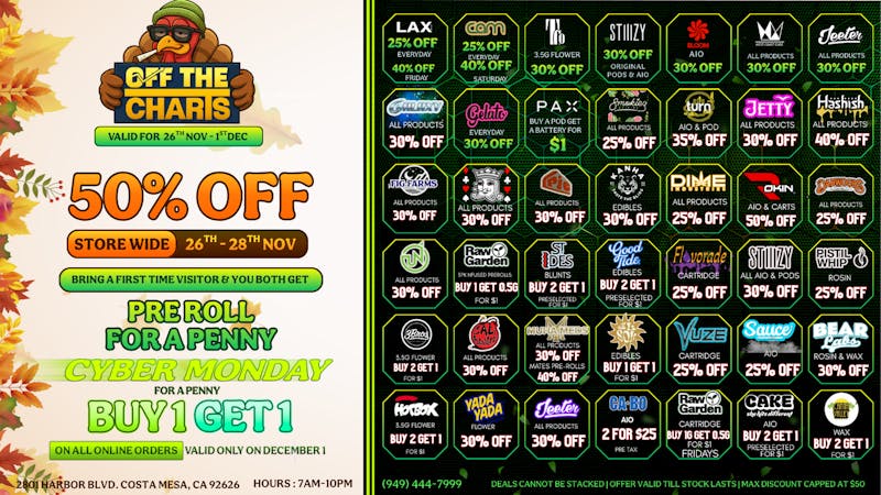 Off The Charts - Costa Mesa 🦃🍂HAPPY DANKSGIVING, GOBBLE UP THESE DEALS🍂🦃