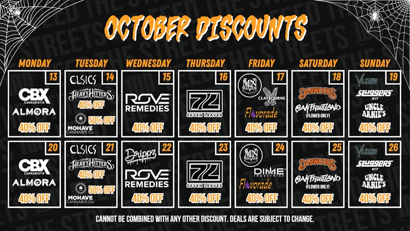 PACKS Weed Dispensary San Bernardino OCTOBER WEEKLY DISCOUNTS