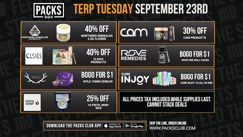 PACKS Weed Dispensary San Gabriel Valley TERP TUESDAY DAILY DEALS