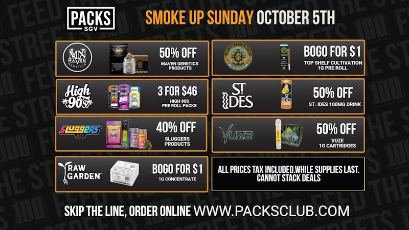 PACKS Weed Dispensary San Gabriel Valley SMOKE UP SUNDAY BOGO DEALS
