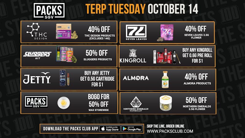 PACKS Weed Dispensary San Gabriel Valley TERP TUESDAY DAILY DEALS