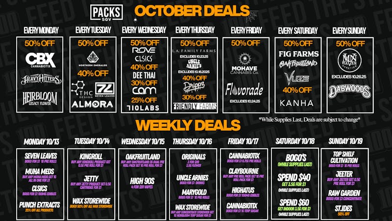 PACKS Weed Dispensary San Gabriel Valley OCTOBER DISCOUNTS + WEEKLY DEALS