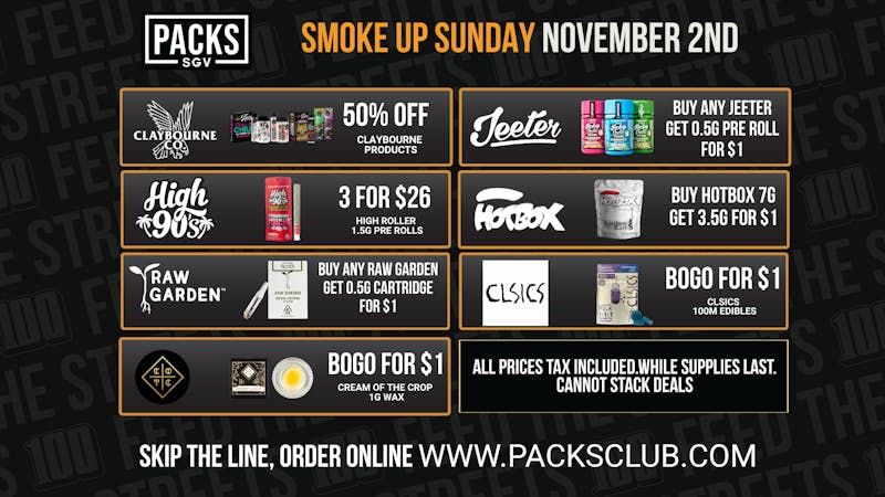 PACKS Weed Dispensary San Gabriel Valley SMOKE UP SUNDAY BOGO DEALS