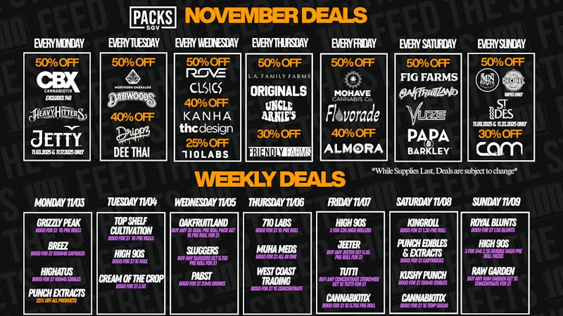 PACKS Weed Dispensary San Gabriel Valley NOVEMBER DISCOUNTS + WEEKLY DEALS
