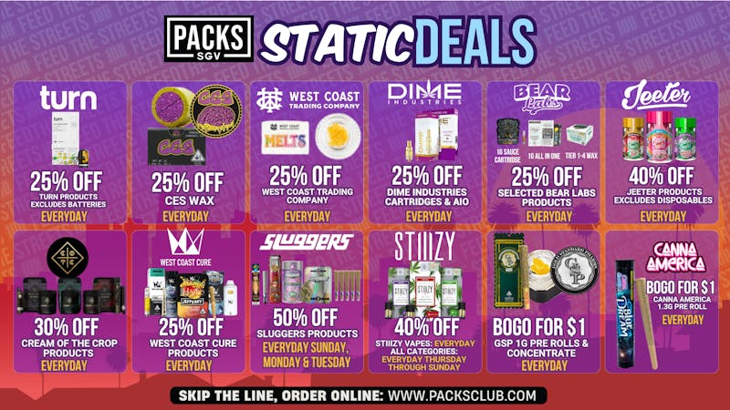 PACKS Weed Dispensary San Gabriel Valley STATIC DEALS @ PACKS SGV
