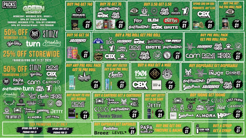 PACKS Weed Dispensary San Gabriel Valley Green Wednesday + Thanksgiving Deals
